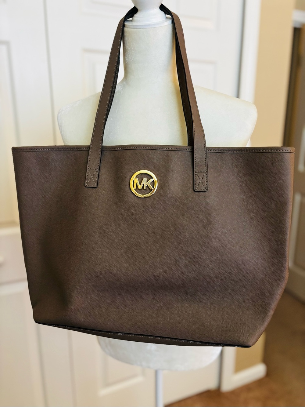 Michael Kors Chocolate Brown Saffiano Leather Tote with Gold MK Emblem
